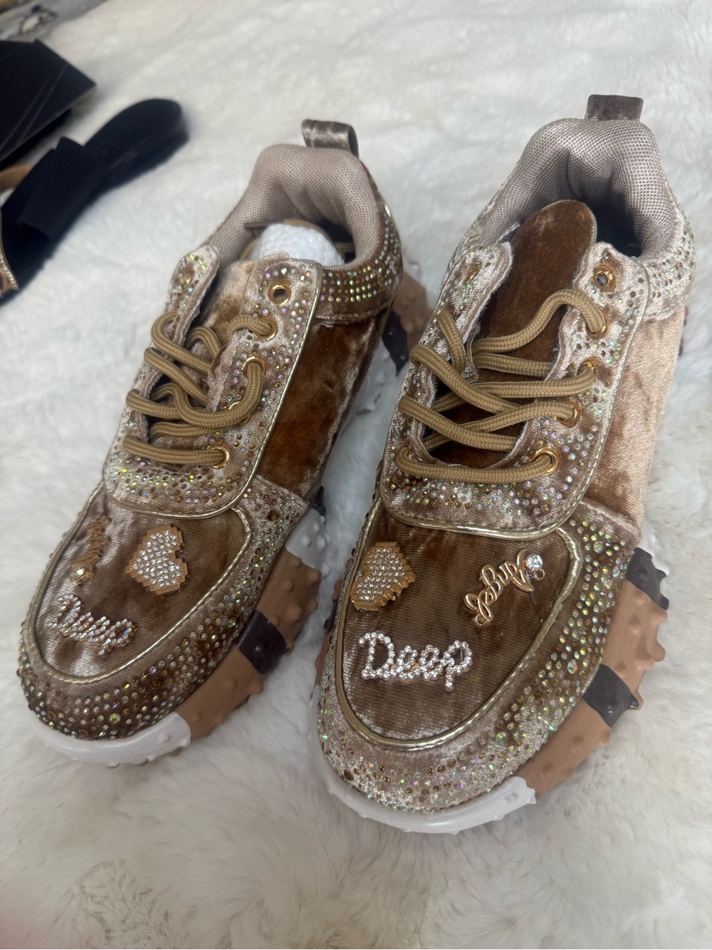 Gold Velvet Embellished Women's Sneakers